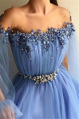 Gorgeous Off-The-Shoulder Appliques Tulle A-Line Prom Party Gowns-showprettydress
