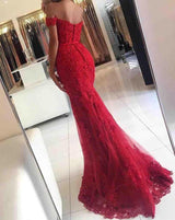 Gorgeous Off-the-shoulder Lace Appliques Red Mermaid Evening Dress-showprettydress