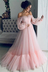 Gorgeous Off-The-Shoulder Long-Sleeves Sheer-Tulle A-Line Prom Party Gowns-showprettydress