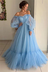 Gorgeous Off-The-Shoulder Long-Sleeves Sheer-Tulle A-Line Prom Party Gowns-showprettydress