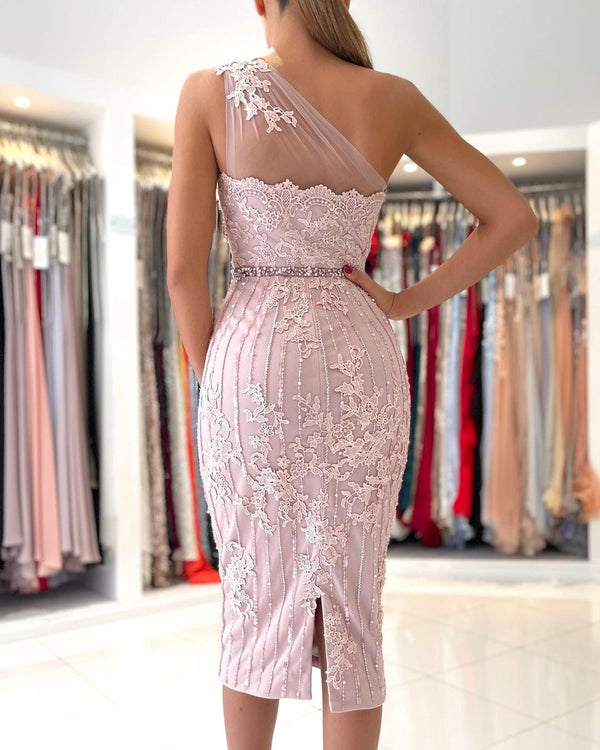 Gorgeous One Shoulder Lace Sheath Prom Dress Online With Crystal-showprettydress
