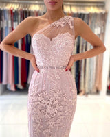 Gorgeous One Shoulder Lace Sheath Prom Dress Online With Crystal-showprettydress