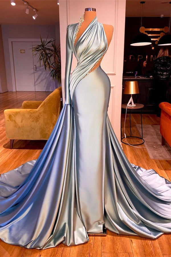 Gorgeous One Shoulder Long Sleeves Mermaid Prom Dress With Beads-showprettydress