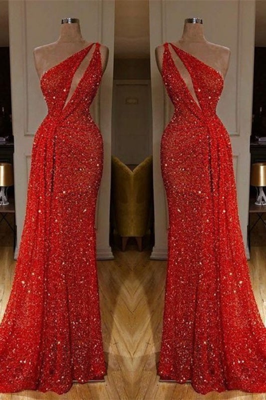 Gorgeous One Shoulder Red Sequins Long Prom Dress-showprettydress