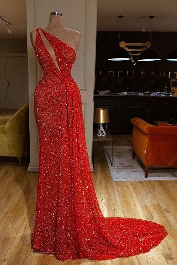 Gorgeous One Shoulder Red Sequins Long Prom Dress-showprettydress