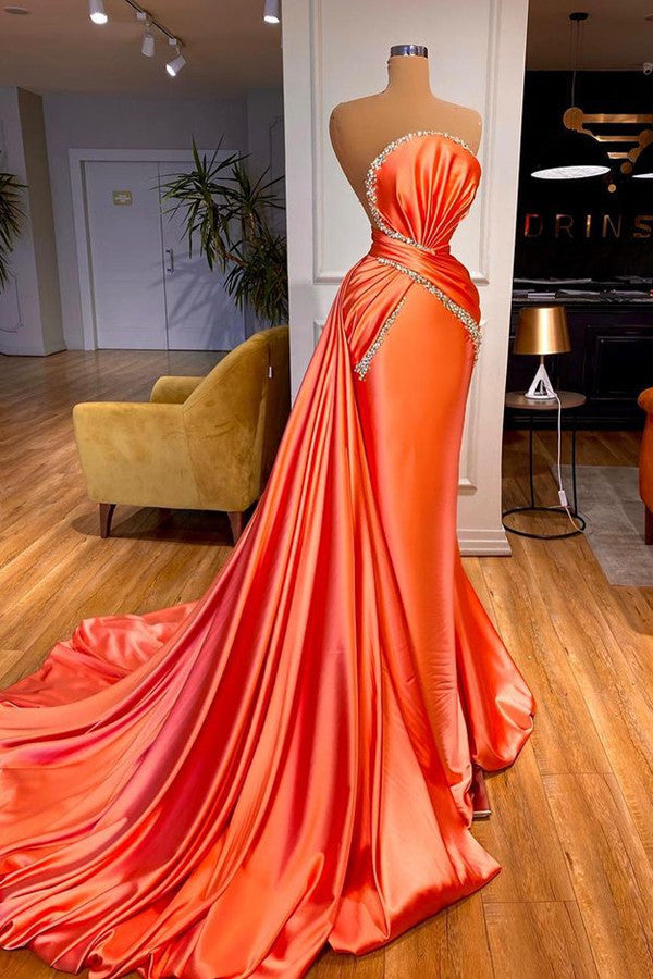 Gorgeous Orange Long Mermaid Satin Prom Dress With Detachable Train-showprettydress