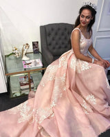 Gorgeous Pink Applique Straps Prom Dresses Ruffle Sleeveless Chic Evening Dresses-showprettydress