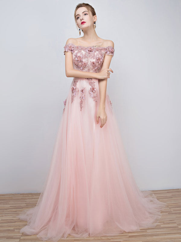 Gorgeous Pink Evening Dresses Long Tulle Off The Shoulder evening dress Lace Applique Beading Flower Occasion Dress With Train-showprettydress