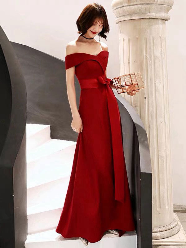 Gorgeous Red Evening Dress Off Shoulder Floor Length Satin Sash Social Prom Party Dresses-showprettydress