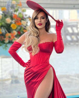 Gorgeous Red Sweetheart Mermaid Slit Prom Dress With Gloves-showprettydress