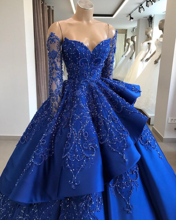 Gorgeous Royal Blue Lace Ruffled Prom Party Gowns| Strapless Sweetheart Beads Quinceanera Dresses-showprettydress