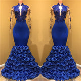 Gorgeous Royal Blue Prom Dresses Long Sleevess Evening Gowns with Rose Flowers-showprettydress
