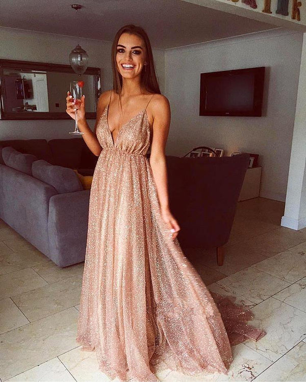 Gorgeous Sequins A-Line Long Prom Gowns New Arrival Spaghetti Straps V-Neck Evening Dress-showprettydress
