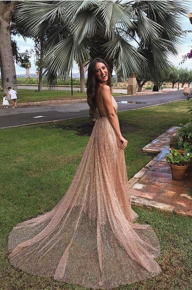 Gorgeous Sequins A-Line Long Prom Gowns New Arrival Spaghetti Straps V-Neck Evening Dress-showprettydress