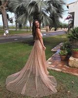 Gorgeous Sequins A-Line Long Prom Gowns New Arrival Spaghetti Straps V-Neck Evening Dress-showprettydress