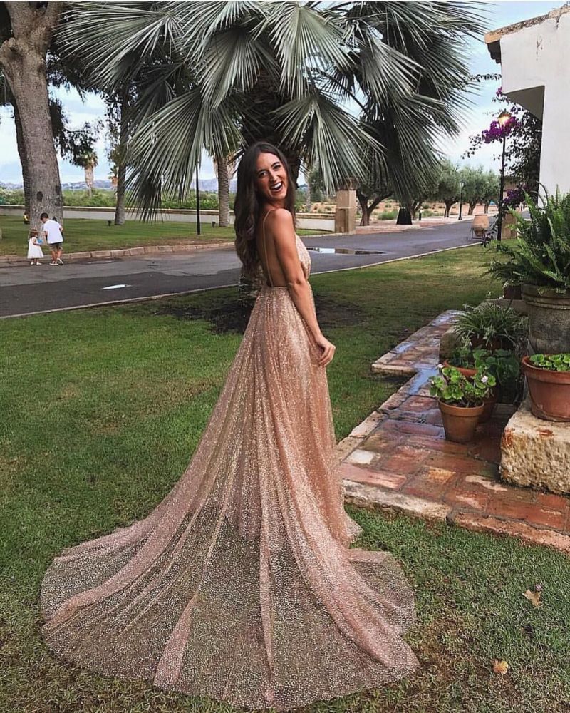 Gorgeous Sequins A-Line Long Prom Gowns New Arrival Spaghetti Straps V-Neck Evening Dress-showprettydress