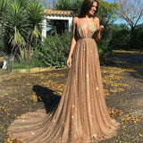 Gorgeous Sequins A-Line Long Prom Gowns New Arrival Spaghetti Straps V-Neck Evening Dress-showprettydress
