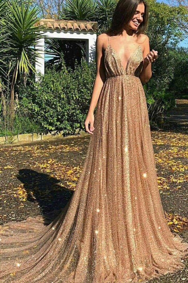 Gorgeous Sequins A-Line Long Prom Gowns New Arrival Spaghetti Straps V-Neck Evening Dress-showprettydress