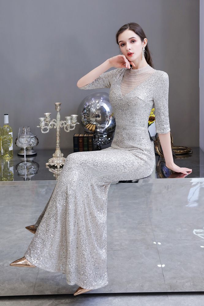 Gorgeous Silver Long Sleevess Long Prom Party Gowns-showprettydress