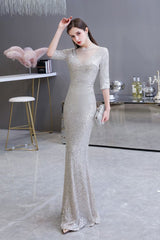 Gorgeous Silver Long Sleevess Long Prom Party Gowns-showprettydress