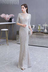 Gorgeous Silver Long Sleevess Long Prom Party Gowns-showprettydress