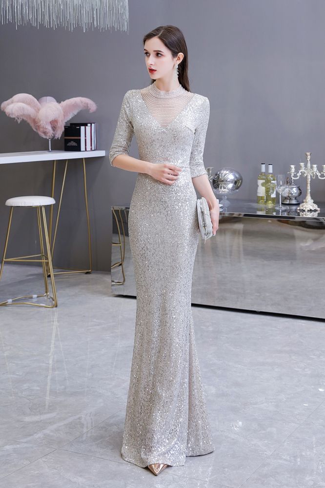 Gorgeous Silver Long Sleevess Long Prom Party Gowns-showprettydress