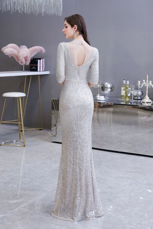Gorgeous Silver Long Sleevess Long Prom Party Gowns-showprettydress