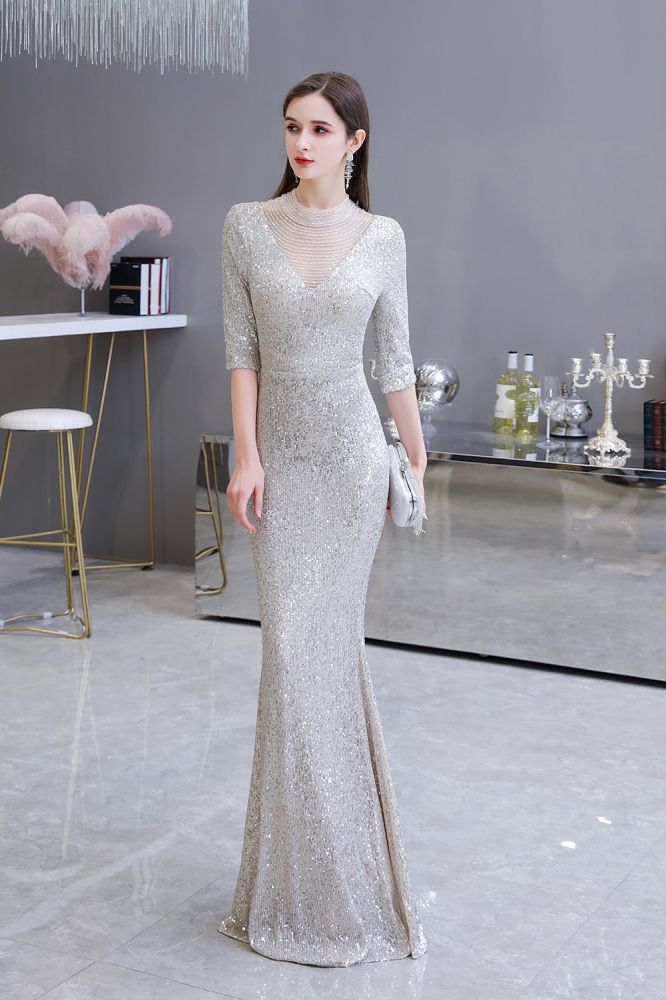 Gorgeous Silver Long Sleevess Long Prom Party Gowns-showprettydress