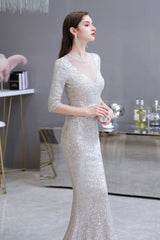 Gorgeous Silver Long Sleevess Long Prom Party Gowns-showprettydress