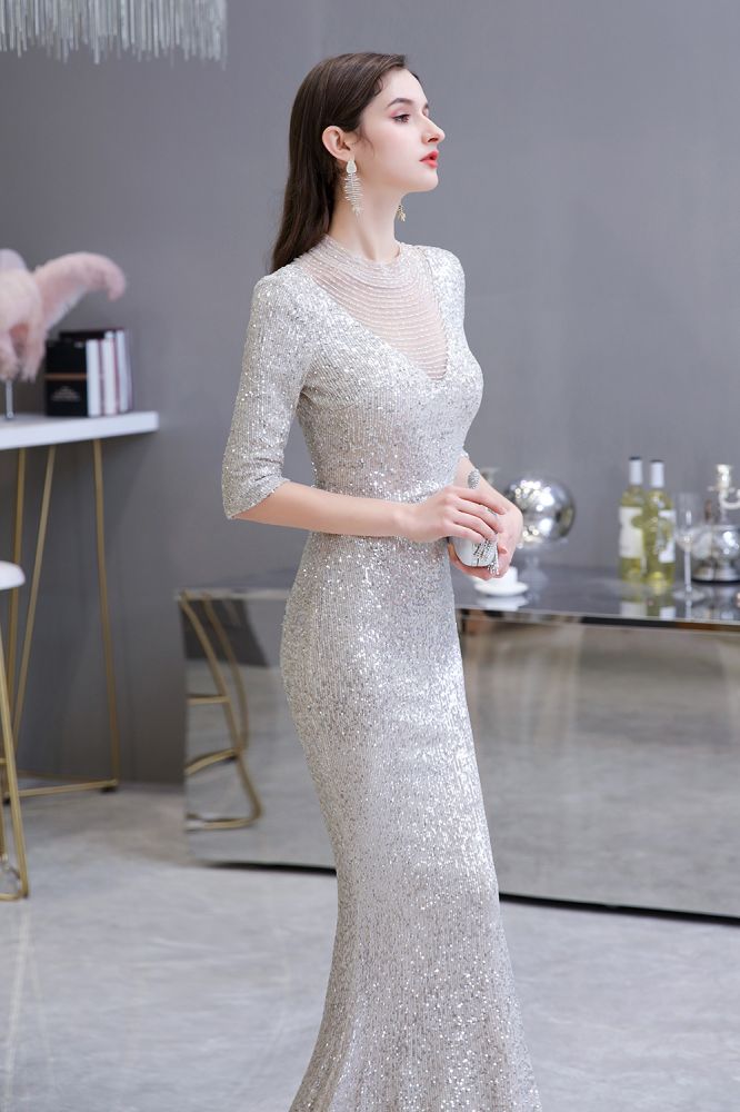 Gorgeous Silver Long Sleevess Long Prom Party Gowns-showprettydress