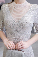 Gorgeous Silver Long Sleevess Long Prom Party Gowns-showprettydress