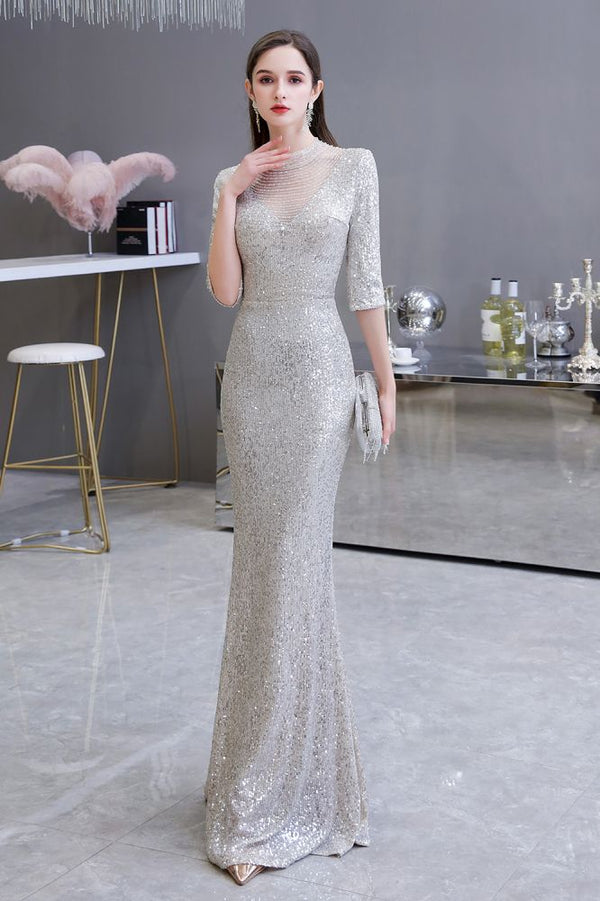 Gorgeous Silver Long Sleevess Long Prom Party Gowns-showprettydress