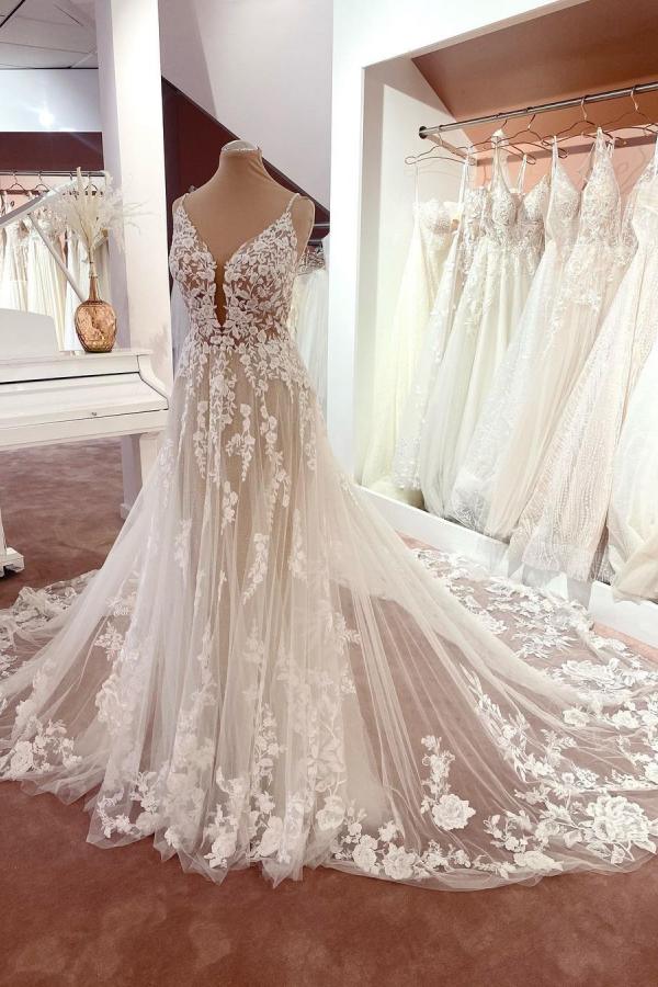 Gorgeous Spaghetti-Straps Lace Wedding Dress Tulle Sleeveless Bridal Gowns-showprettydress