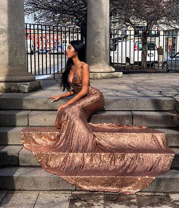Gorgeous Spaghetti-Straps Sequins Mermaid Prom Party Gowns-showprettydress