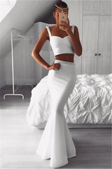 Gorgeous Two Pieces White Prom Party Gowns| Mermaid Beadings Evening Gowns On Sale-showprettydress