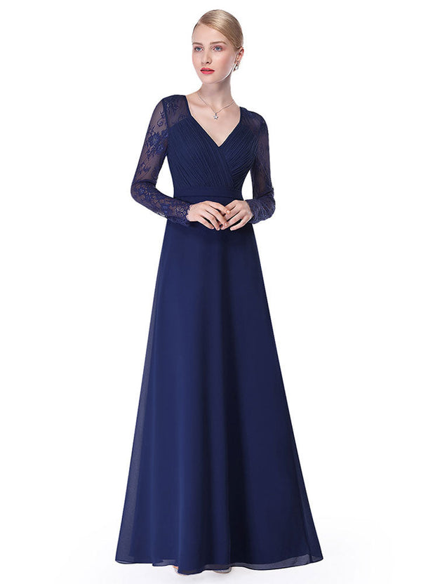 Gorgeous V Neck Evening Dress Illusion Lace Sleeve Mother Of The Bride Dress-showprettydress