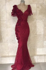 Gorgeous V-Neck Short Sleeves Beading Flower Mermaid Floor-Length Prom Dresses-showprettydress