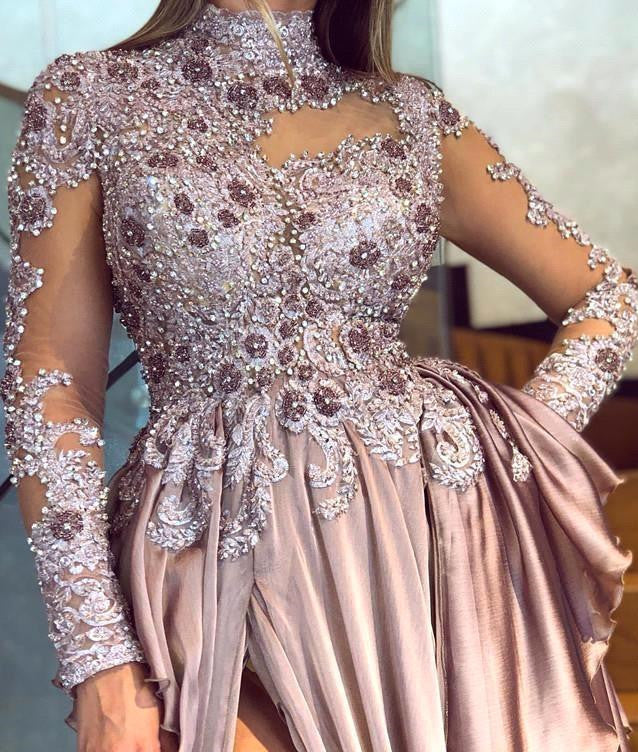 Graceful High Neck Lace Appliques Prom Dresses With Split See Through Evening Gowns-showprettydress