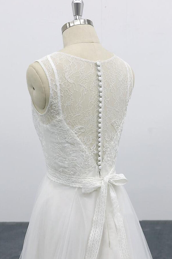 Graceful Long A-line Appliques Tulle Backless Wedding Dress-showprettydress