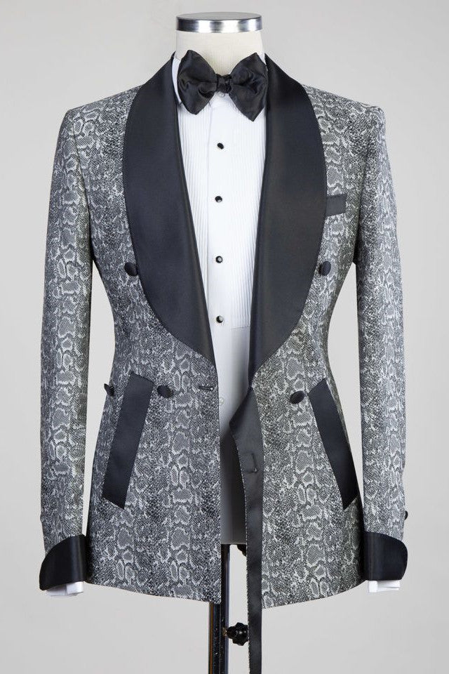 Gray Double Breasted Jacquard Wedding Men Suits with Black Lapel-showprettydress