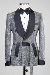 Gray Double Breasted Jacquard Wedding Men Suits with Black Lapel-showprettydress