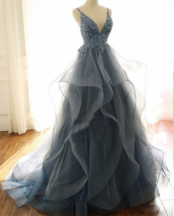 Gray Evening Dresses Tulle V-neck Ruffles Long Spaghetti Lace Beading Prom Party Gowns-showprettydress