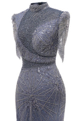 Gray Mermaid Sparkle Half Sleeves V-neck High neck Evening Dresses-showprettydress