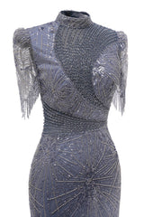 Gray Mermaid Sparkle Half Sleeves V-neck High neck Evening Dresses-showprettydress