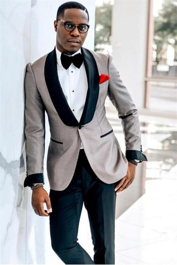 Gray One Button Wedding Groom Mens Suit with Black Lapel-showprettydress