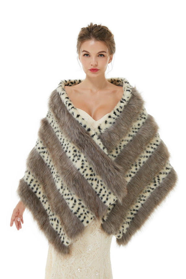 Gray Stripe Faux Fur Black and White Wedding Shawl For Bride-showprettydress