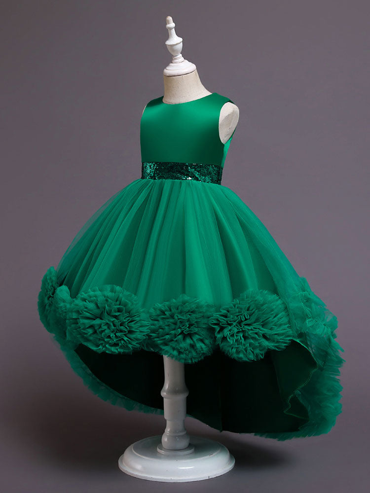 Green Jewel Neck Sleeveless Bows Tulle Cotton Sequined Kids Party Dresses-showprettydress