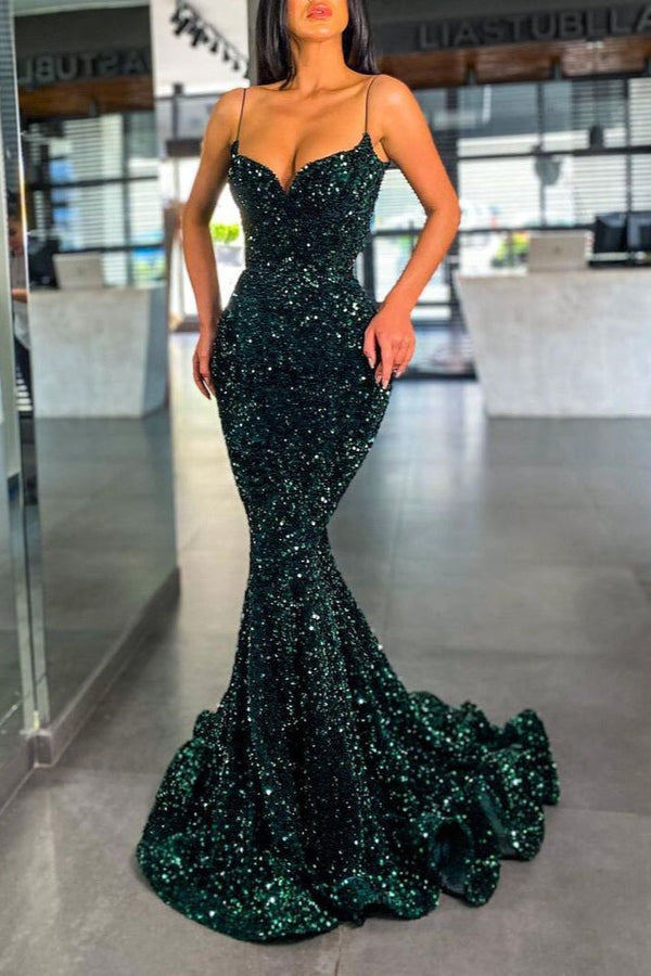 Green Long Mermaid Sequins Prom Dress Chic Party Gowns-showprettydress