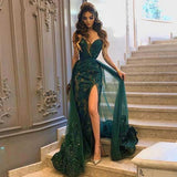 Green Mermaid Sweetheart Prom Dress with Slit Long Evening Gowns With Overskirt-showprettydress