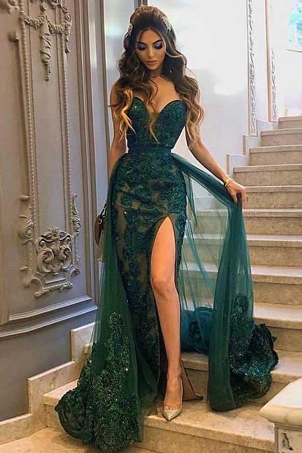 Green Mermaid Sweetheart Prom Dress with Slit Long Evening Gowns With Overskirt-showprettydress